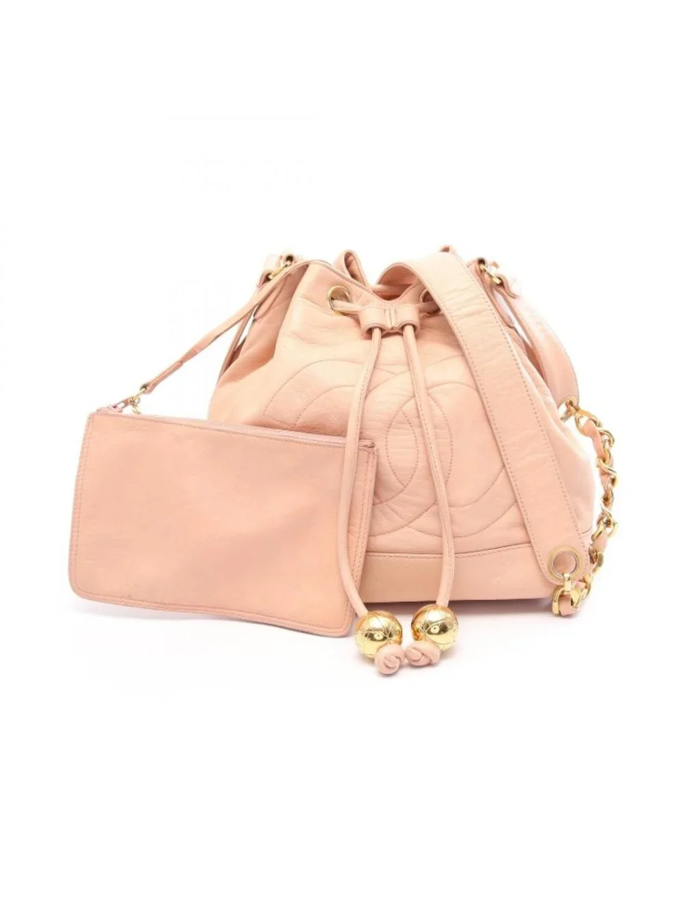 Chanel Shoulder Bag CC Logo Drawstring Light Pink Lambskin CC